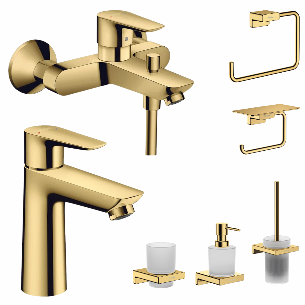 Perechea perfecta - Set baterie cada si baterie lavoar Hansgrohe Talis cu accesorii baie Hansgrohe AddStoris, auriu lucios