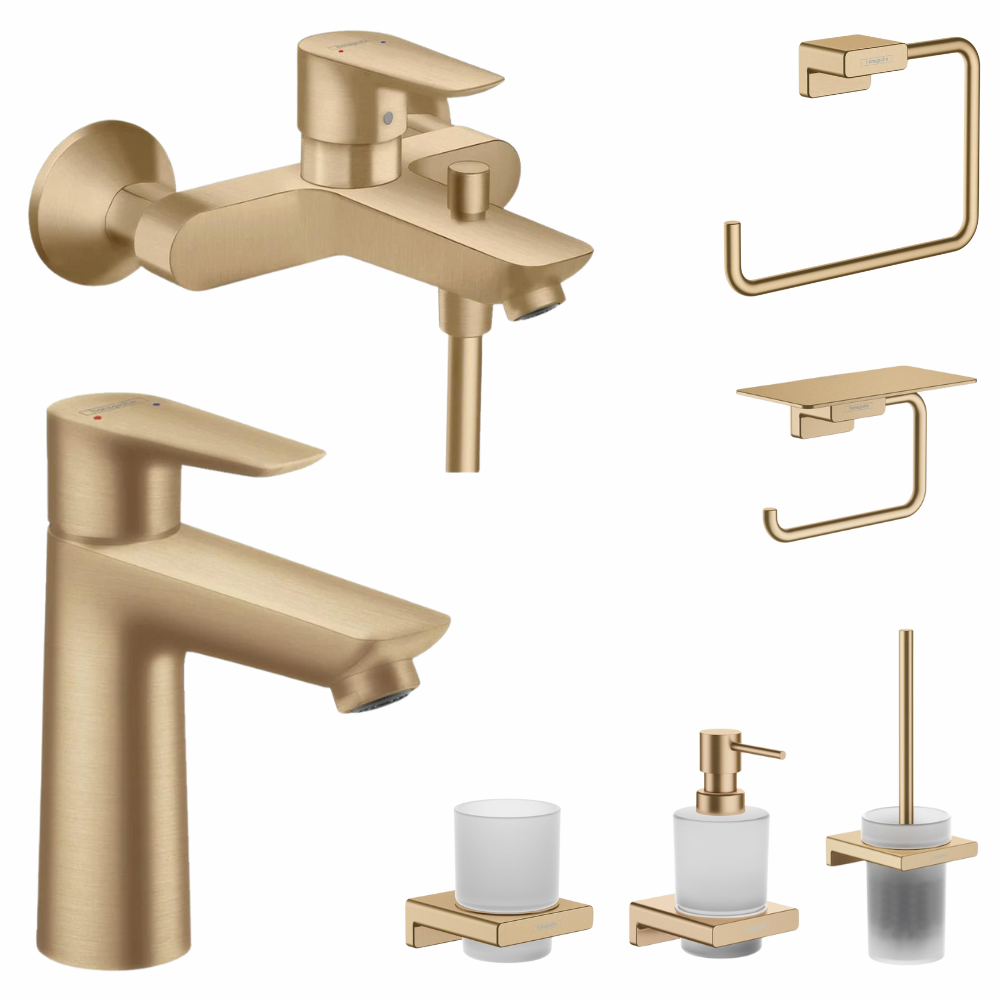 Perechea perfecta - Set baterie cada si baterie lavoar Hansgrohe Talis cu accesorii baie Hansgrohe AddStoris, bronz periat