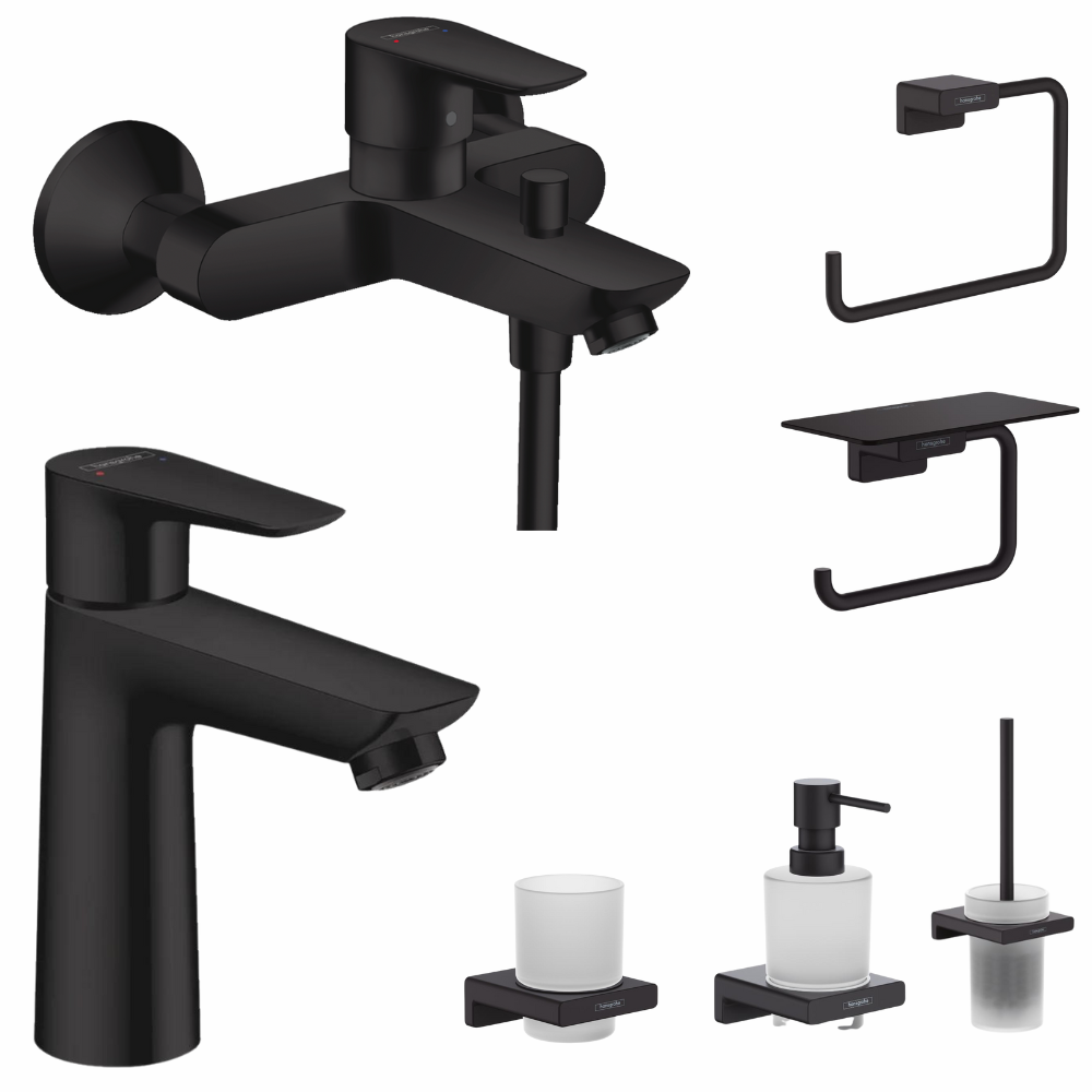 Perechea perfecta - Set baterie cada si baterie lavoar Hansgrohe Talis cu accesorii Hansgrohe AddStoris, negru