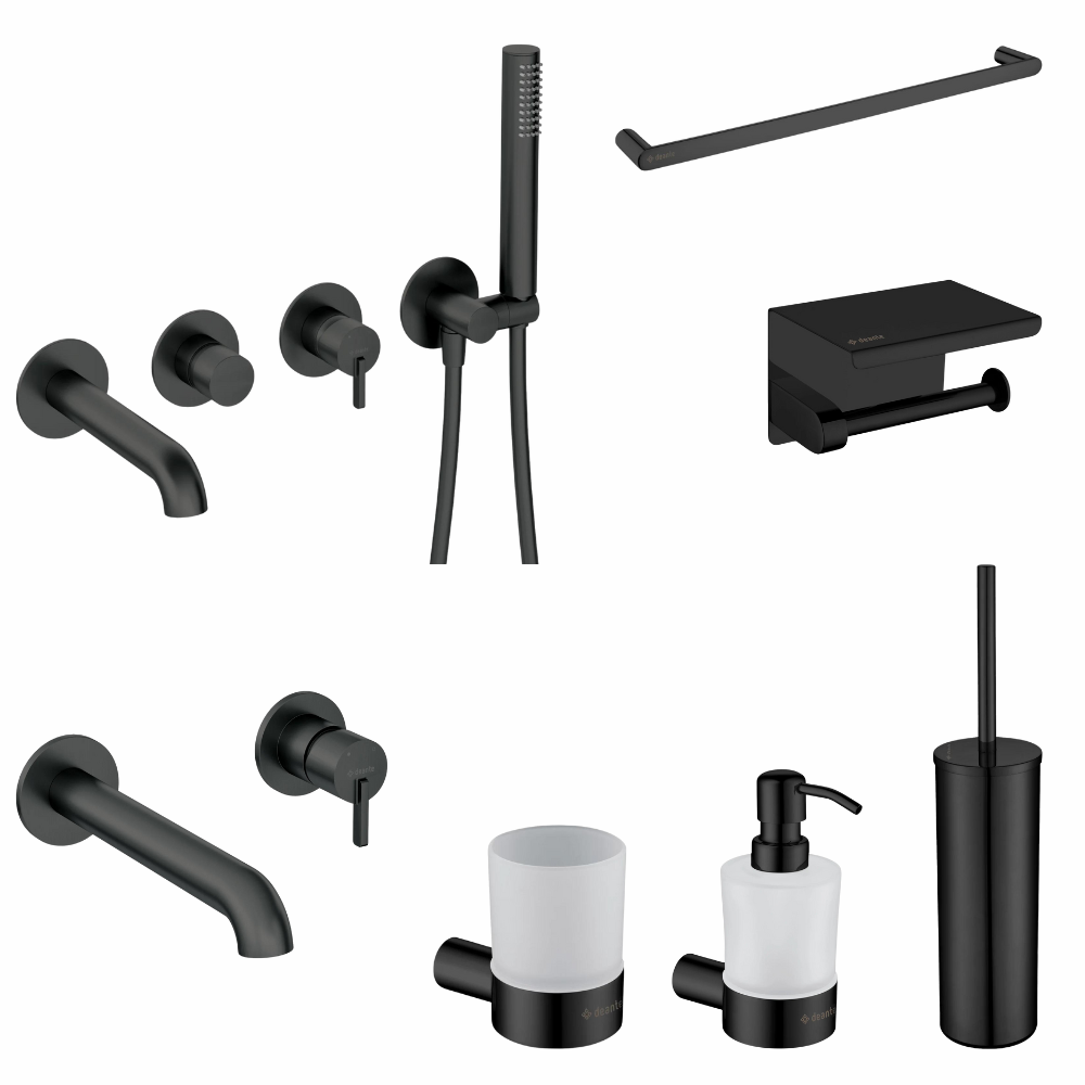 Seturi baterii cada, baterii lavoar si accesorii - Set baterie dus si baterie lavoar incastrate Deante Silia cu accesorii baie Deante Round, negru