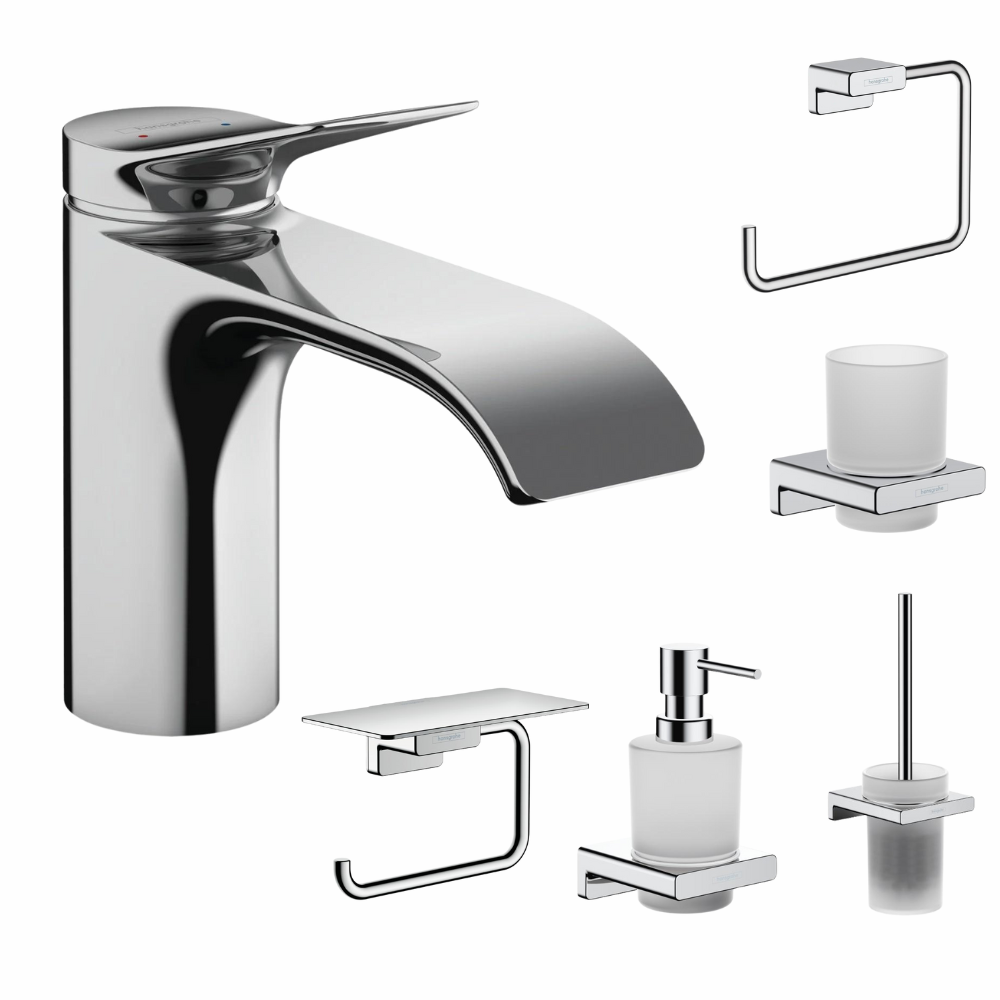 Perechea perfecta - Set baterie lavoar Hansgrohe Vivenis si accesorii baie Hansgrohe AddStoris, crom