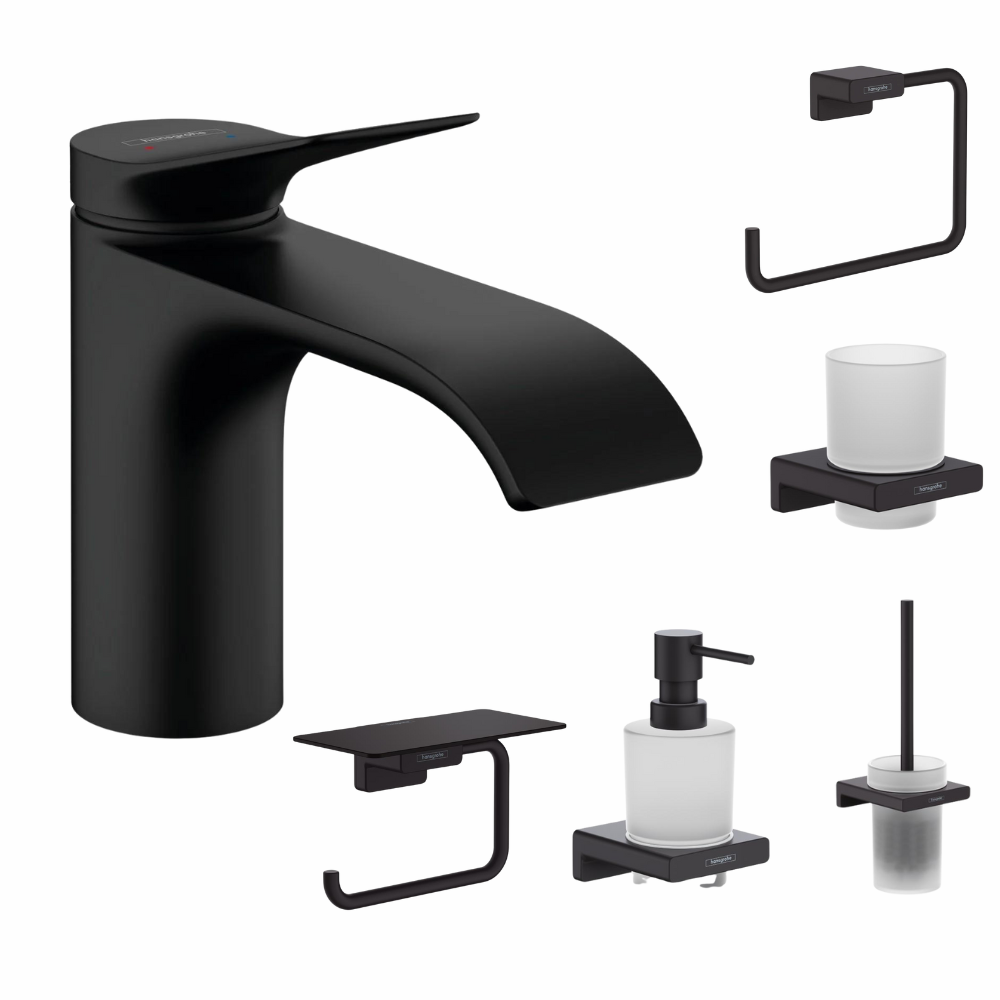 Perechea perfecta - Set baterie lavoar Hansgrohe Vivenis si accesorii baie Hansgrohe AddStoris, negru