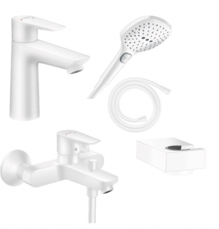 Perechea perfecta - Set baterie lavoar, baterie cada si set de dus, alb mat, Hansgrohe Talis E