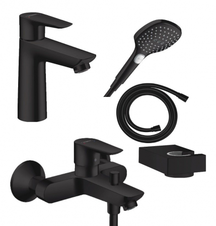 Perechea perfecta - Set baterie lavoar, baterie cada si set de dus, negru mat, Hansgrohe Talis E