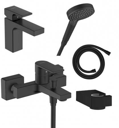 Perechea perfecta - Set baterie lavoar, baterie cada si set de dus, negru mat, Hansgrohe Vernis Shape