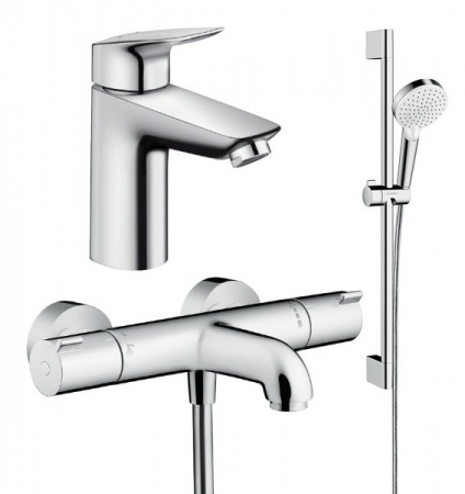 Seturi baterii cada cu baterii lavoar - Set baterie lavoar, baterie cada termostatata si set dus, crom, Hansgrohe Ecostat Termostatic