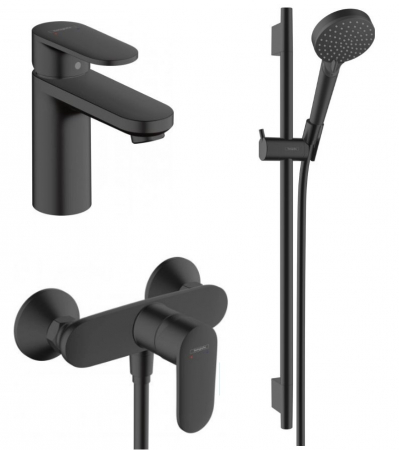 Seturi baterii cada cu baterii lavoar - Set baterie lavoar, baterie dus si set de dus, negru mat, Hansgrohe Vernis Blend