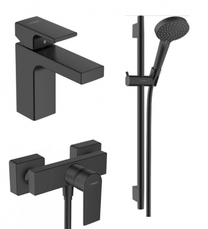 Perechea perfecta - Set baterie lavoar, baterie dus si set de dus, negru mat, Hansgrohe Vernis Shape