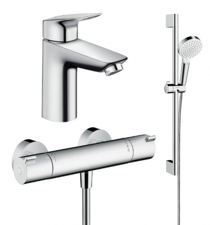 Perechea perfecta - Set baterie lavoar, baterie dus termostatata si set dus, crom, Hansgrohe Ecostat Termostatic