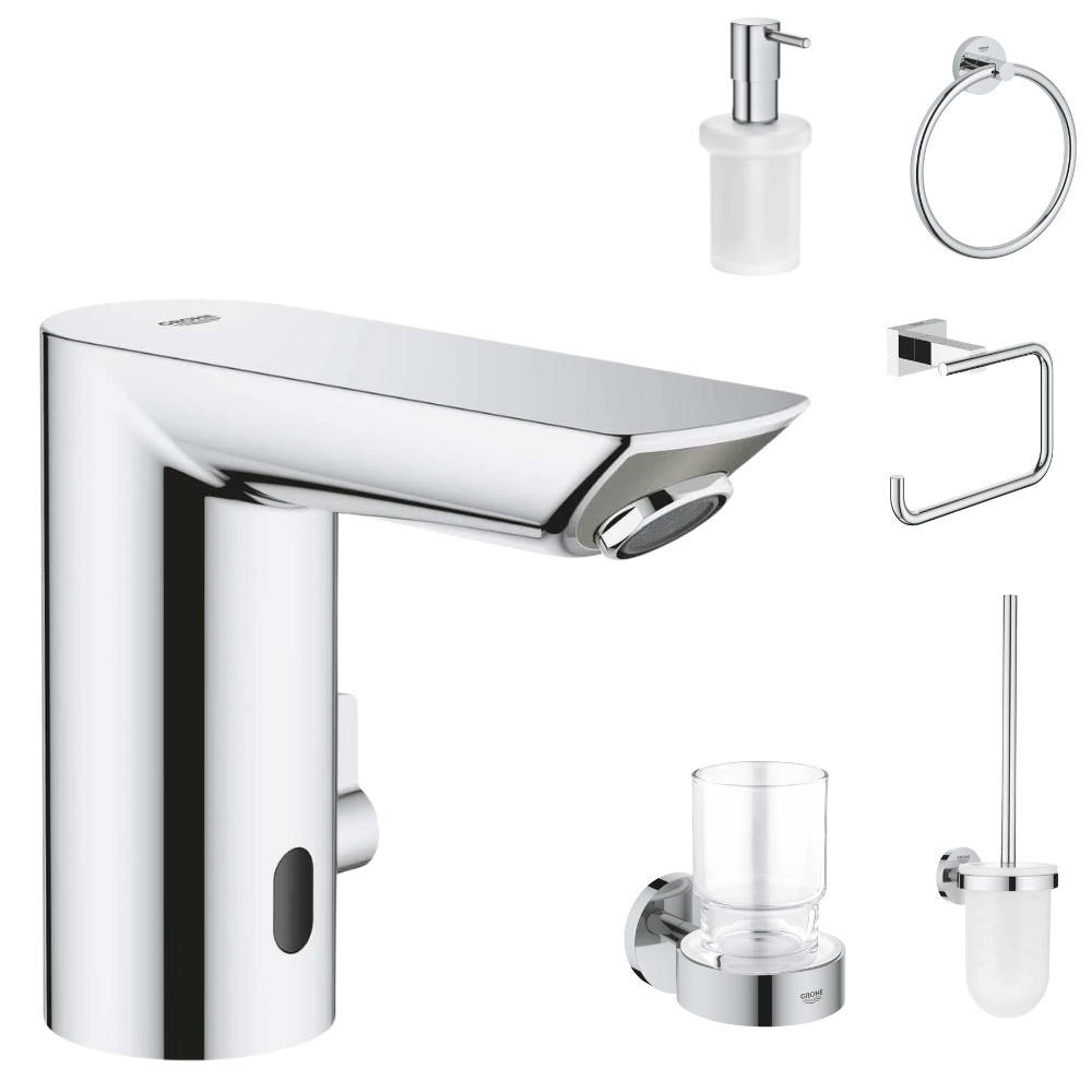 Seturi baterie lavoar si accesorii - Set baterie lavoar cu senzor Grohe Bau Cosmopolitan si accesorii Grohe Essentials, crom