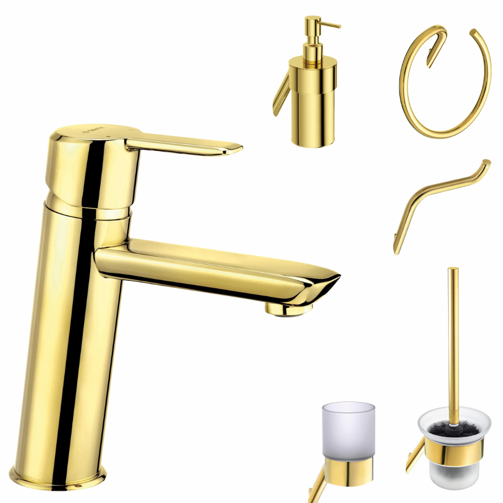 Seturi baterie lavoar si accesorii - Set baterie lavoar Deante Arnika si accesorii baie Deante Silia, auriu lucios