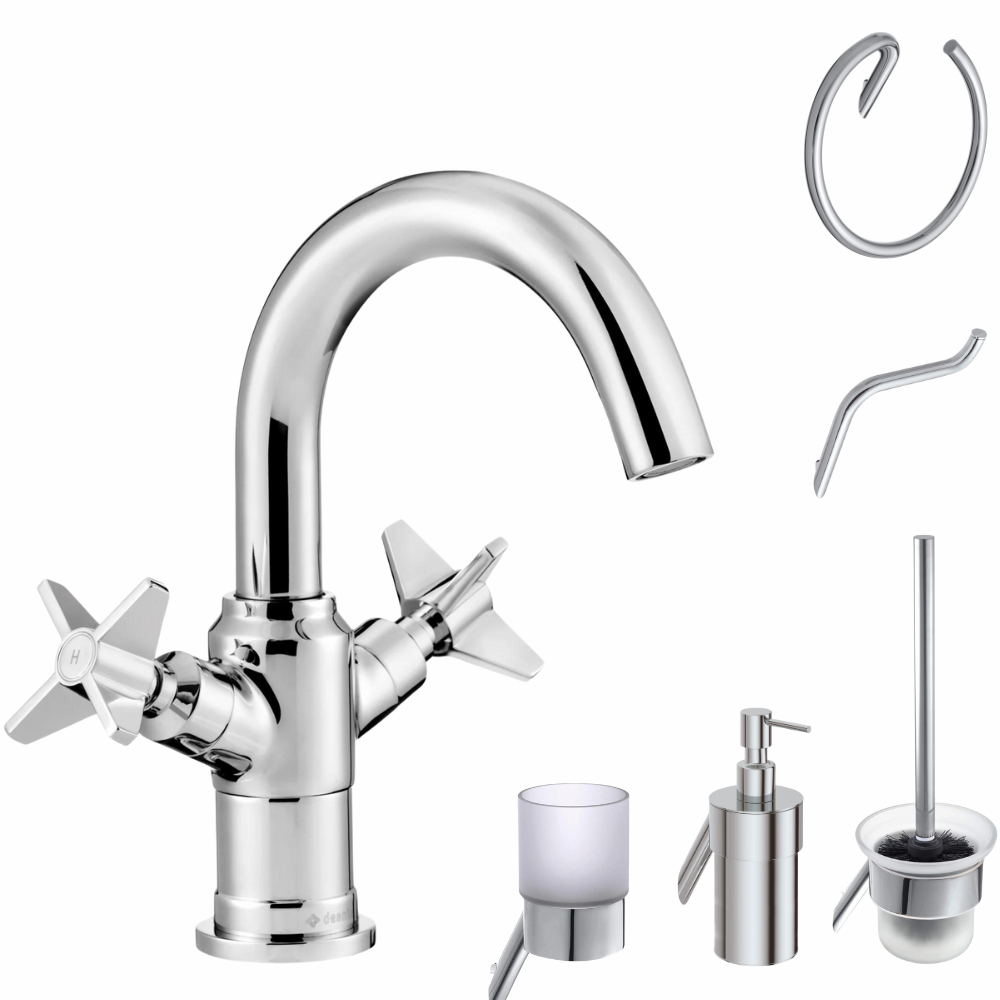 Seturi baterie lavoar si accesorii - Set baterie lavoar Deante Temisto si accesorii baie Deante Silia, crom lucios