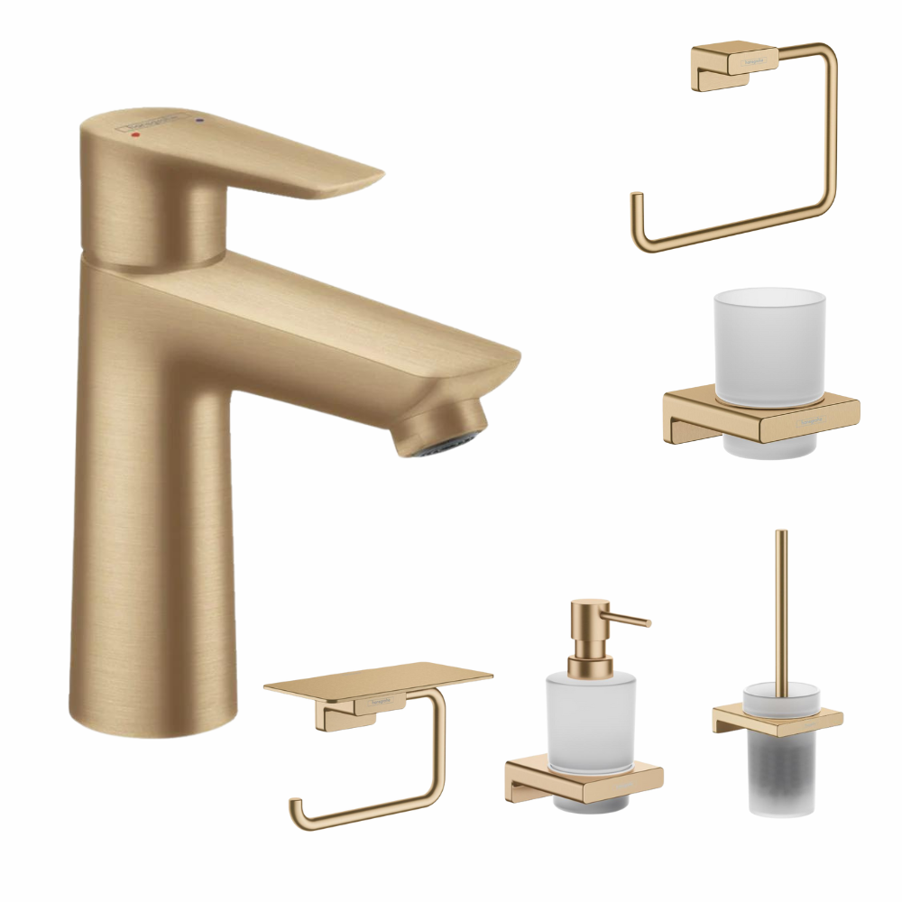 Perechea perfecta - Set baterie lavoar Hansgrohe Talis si accesorii baie Hansgrohe AddStoris, bronz periat