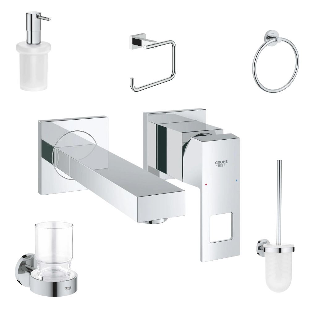 Seturi baterie lavoar si accesorii - Set baterie lavoar incastrata Grohe Eurocube si accesorii baie Grohe Essentials, crom
