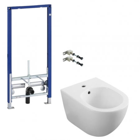 Seturi vas WC suspendat cu rezervor incastrat si clapeta - Set bideu suspendat semirotund Oslo Foglia plus cadru metalic universal cu set fixare Geberit Duofix