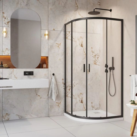 Cabine de duș - Set cabină de duș Radaway Alienta Black A 80x80 cm, uși culisante, cădiță Rodos A Compact și sifon