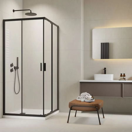 Cabine de duș - Set cabină de duș Radaway Alienta Black C 90x90 cm, uși culisante, cădiță Rodos C Compact și sifon