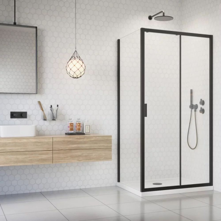 Cabine de duș - Set cabină de duș Radaway Alienta Black DWJ+S 100x90 cm, ușă culisantă + perete fix, cădiță Laros D Compact și sifon