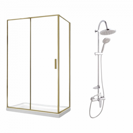 Seturi cabine cu coloane de dus - Set cabina dus aurie 120x90 cm Mediterraneo Petra Gold plus coloana de dus crom Ferro Algeo