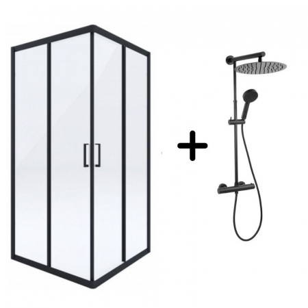 Seturi cabine cu coloane de dus - Set cabina dus neagra 80x80 cm cu baterie dus neagra termostatica Ferro