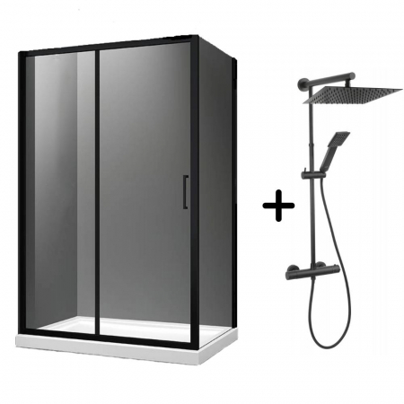 Seturi cabine cu coloane de dus - Set cabina dus neagra cu usa culisanta 100x80 cm plus coloana de dus cu baterie termostata