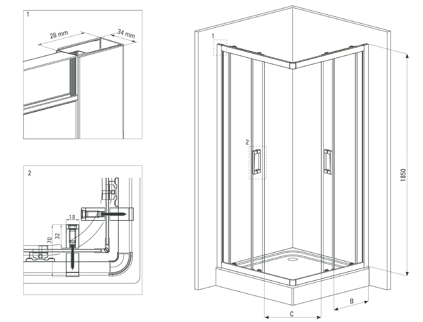 Set cabina dus neagra cu usa culisanta 90x90 cm plus cadita dus compozit Deante, Correo Square [1]