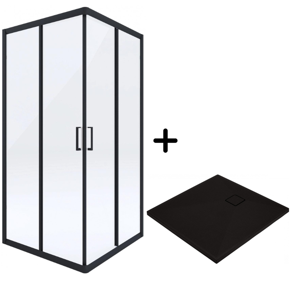 Seturi cabine cu coloane de dus - Set cabina dus neagra cu usa culisanta 90x90 cm plus cadita dus compozit Deante, Correo Square