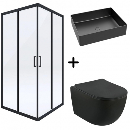 Black Friday - Set cabina dus neagra cu usa culisanta 90x90 cm, vas wc rimless suspendat si lavoar baie pe blat Foglia