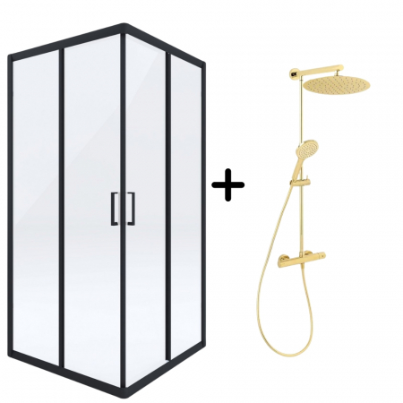 Seturi cabine cu coloane de dus - Set cabina dus neagra patrata 80x80 cm Funkia plus coloana dus cu termostat auriu lucios FDesign Anima