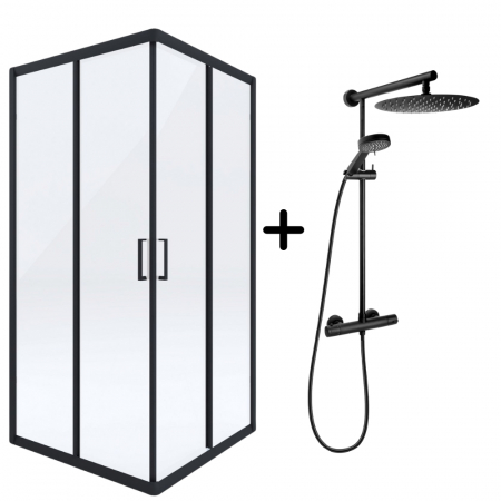 Seturi cabine cu coloane de dus - Set cabina dus neagra patrata 90x90 cm plus coloana dus cu termostat negru mat FDesign Anima