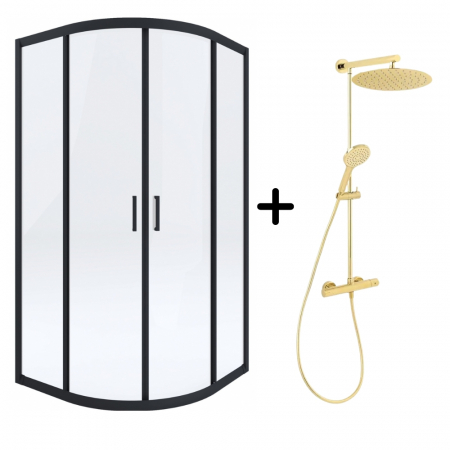 Seturi cabine cu coloane de dus - Set cabina dus neagra semirotunda 80x80 cm plus coloana dus cu termostat auriu lucios FDesign Anima