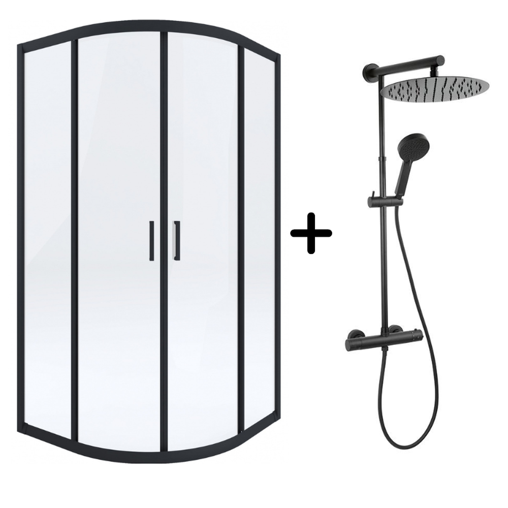 Seturi cabine cu coloane de dus - Set cabina dus neagra semirotunda 90x90 cm plus coloana dus cu termostat Ferro, Trevi