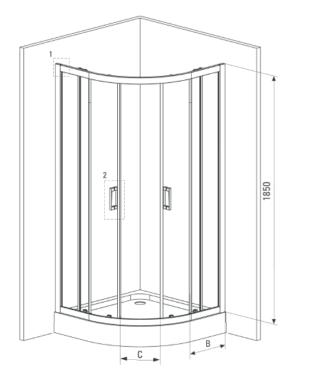 Set cabina dus neagra semirotunda 90x90 cm plus coloana dus cu termostat Ferro, Trevi [2]
