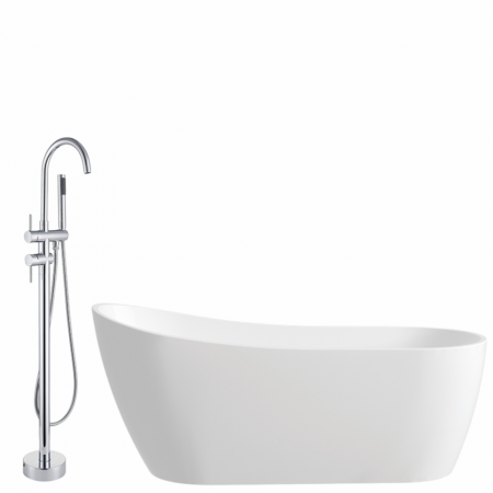 Perechea perfecta - Set cada baie freestanding 150 x 75 cm, ovala cu preaplin, Diva Foglia, plus baterie freestanding, crom lucios