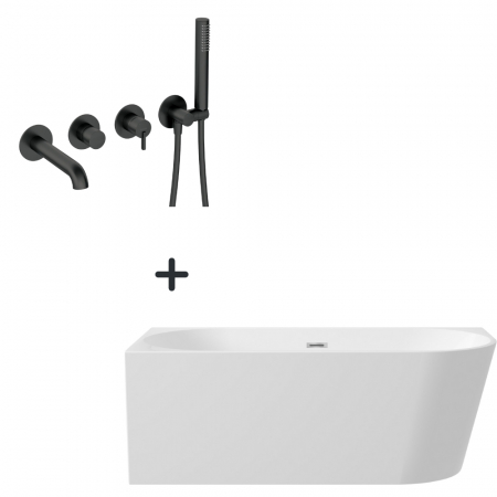 Cazi baie - Set cada baie freestanding, lipita de perete, orientare stanga, 160x75 cm si baterie cada incastrata negru mat Silia