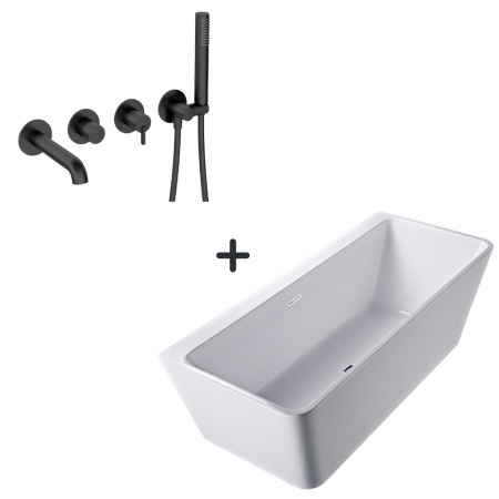 Seturi cazi freestanding cu baterie - Set cada baie freestanding, lipita de perete, 170x80 cm, Alvaro si baterie cada incastrata negru mat Silia