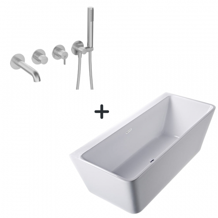 Cazi baie - Set cada baie freestanding, lipita de perete, 170x80 cm, Alvaro si baterie cada incastrata oțel șlefuit Silia
