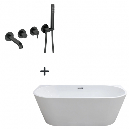 Seturi cazi freestanding cu baterie - Set cada baie freestanding, lipita de perete, 170x80 cm, Mara si baterie cada incastrata negru mat Silia