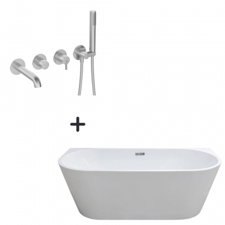 Cazi baie - Set cada baie freestanding, lipita de perete, 170x80 cm, Mara si baterie cada incastrata oțel șlefuit Silia