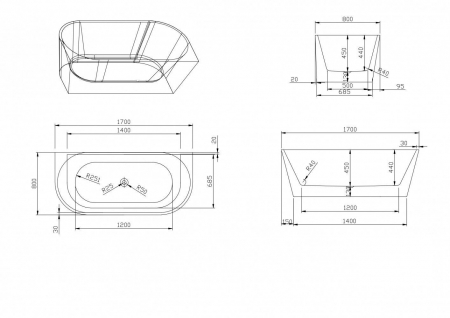 Set cada baie freestanding, lipita de perete, 170x80 cm, Mara si baterie cada incastrata oțel șlefuit Silia [2]