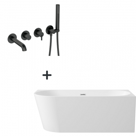 Seturi cazi freestanding cu baterie - Set cada baie freestanding, lipita de perete, orientare dreapta, 160x75 cm si baterie cada incastrata negru mat Silia