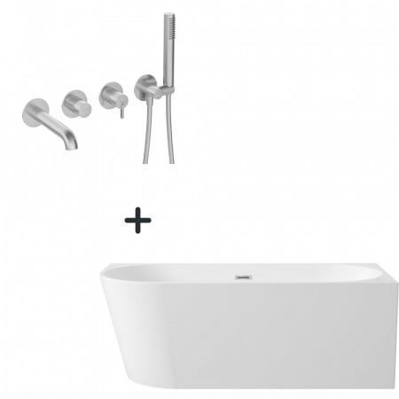 Cazi baie - Set cada baie freestanding, lipita de perete, orientare dreapta, 160x75 cm si baterie cada incastrata oțel șlefuit Silia