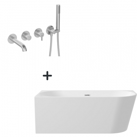 Cazi baie - Set cada baie freestanding, lipita de perete, orientare stanga, 160x75 cm si baterie cada incastrata oțel șlefuit Silia