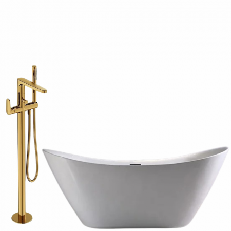 Seturi cazi freestanding cu baterie - Set cada baie freestanding ovala 150 x 77 cm, Bella Foglia, plus baterie freestanding, auriu lucios