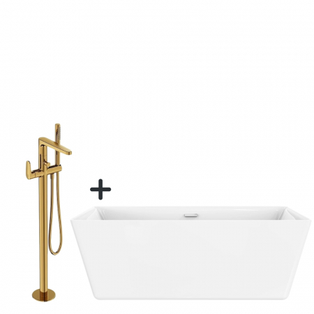 Seturi cazi freestanding cu baterie - Set cada baie freestanding, ovala, 170x75 cm, Cosmo si baterie cada freestanding auriu lucios Inverto