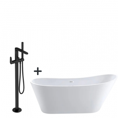 Baie - Set cada baie freestanding, ovala, 170x75 cm, Diva si baterie cada freestanding negru mat Inverto