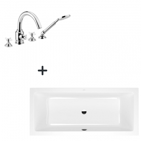 Baie - Set cada baie incastrata 180x80 cm Villeroy&Boch si baterie cu montare pe cada, crom lucios, Temisto