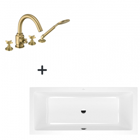 Seturi cazi freestanding cu baterie - Set cada baie incastrata 180x80 cm Villeroy&Boch si baterie cu montare pe cada, culoare bronz, Temisto