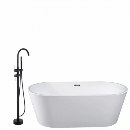 Seturi cazi freestanding cu baterie - Set cada baie ovala freestanding 170 x 75 cm, Ovale Foglia, plus baterie freestanding, negru mat cu pipa pivotanta