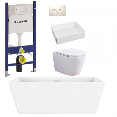 Baie completa - Set cada freestanding, lavoar cu ventil, vas wc rimless cu capac soft close, rezervor incastrat cu clapeta